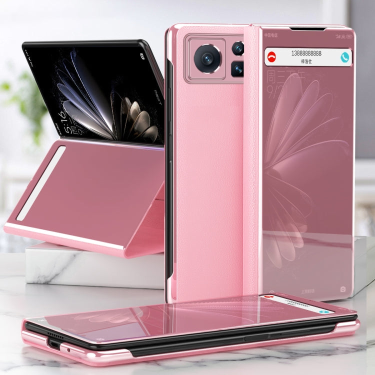 Electroplated mirror leather phone case with stand, pink—foldable phone cover with mirror panel