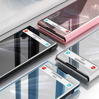 Mirror leather phone case with stand, showing ports and camera cutouts on blue and pink