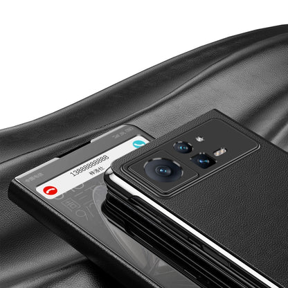 Black electroplated mirror leather phone case with stand—close view of textured back