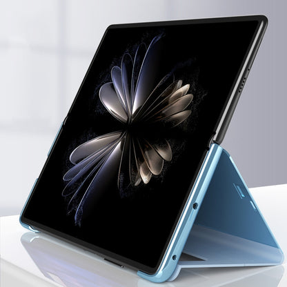 Electroplated mirror leather phone case with stand, blue—foldable phone propped open