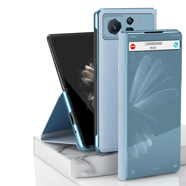 Electroplated mirror leather phone case with stand, blue—front and back views together