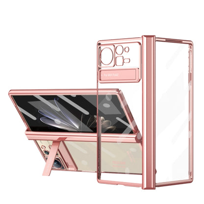 Rose gold transparent phone case with hinge, foldable design, camera cutouts