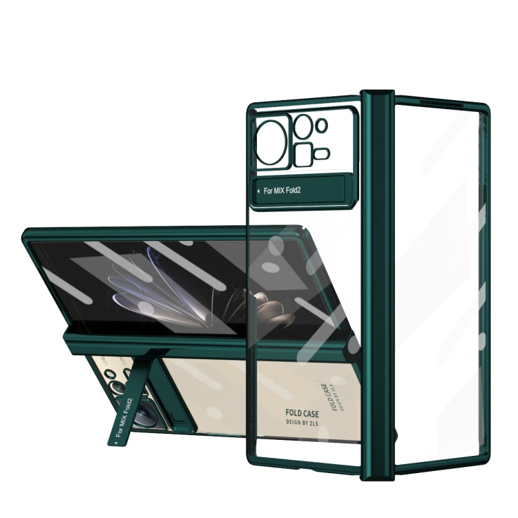 Dark green transparent phone case with hinge, foldable design, camera cutouts
