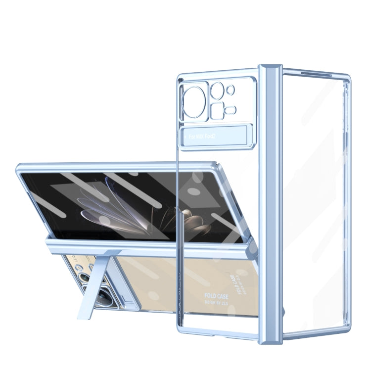 Blue transparent phone case with hinge, foldable design, camera cutouts