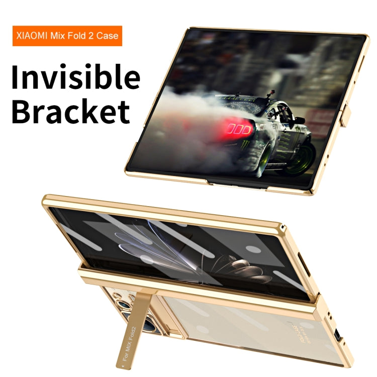 Gold transparent foldable phone case with hinge and kickstand-style bracket