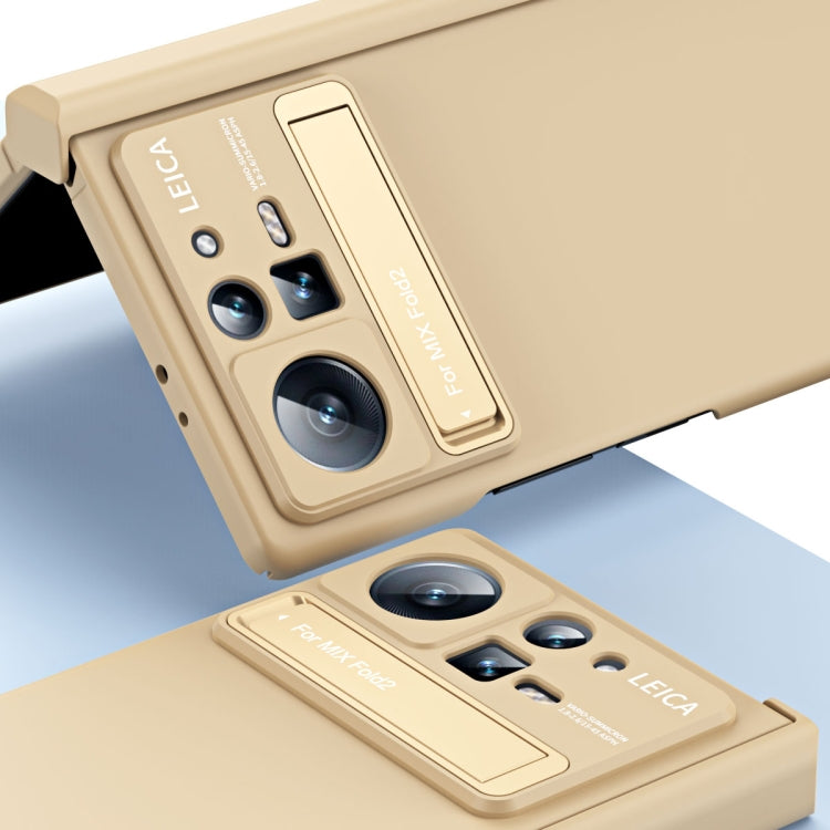 Beige folding phone case with hinge stand and cutouts for rear camera