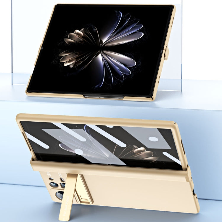 Beige folding phone case standing with open display panel and hinge