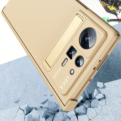 Gold folding phone case with hinge, full cover, and built-in stand for camera cutouts