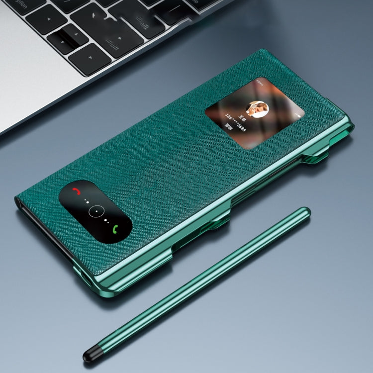 Green phone case with stand and stylus for Huawei Mate Xs 2, textured back