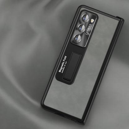 Folding phone case close-up with camera cutouts and side button cutout, dark color.