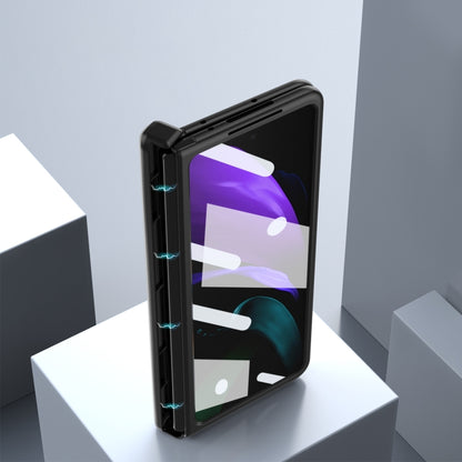 Folding phone case with side hinge protection and screen cutout, black color.