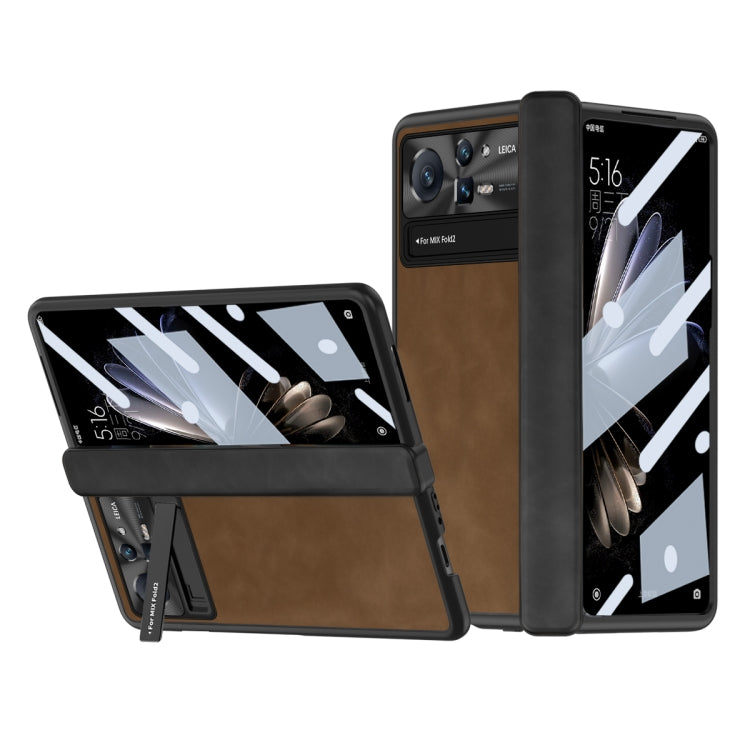 Folding phone case with textured cover and camera cutouts, coffee-brown color for foldable phones.