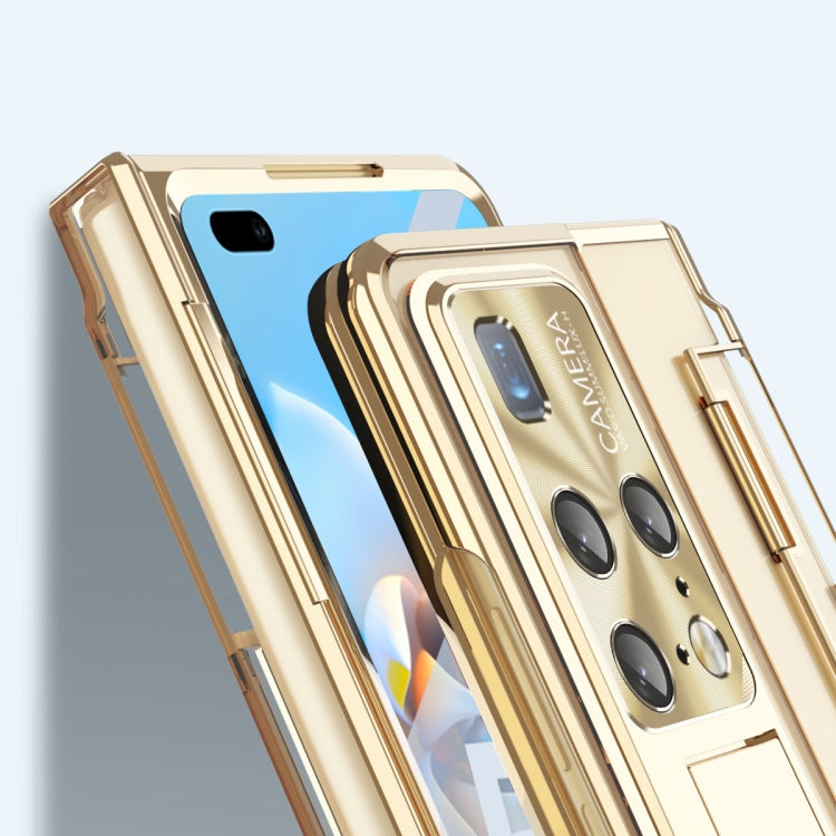 Gold folding phone case with stylus slot and camera cutouts, shown in close view