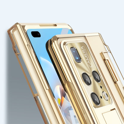 Gold folding phone case with stylus slot and camera cutouts, shown in close view