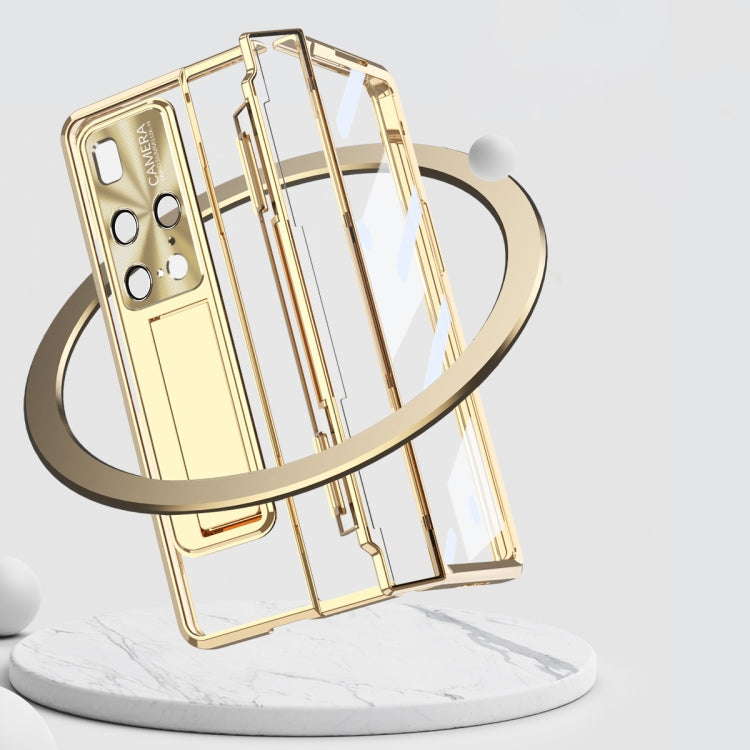 Gold folding phone case with stylus slot and camera cutouts, lying on display stand