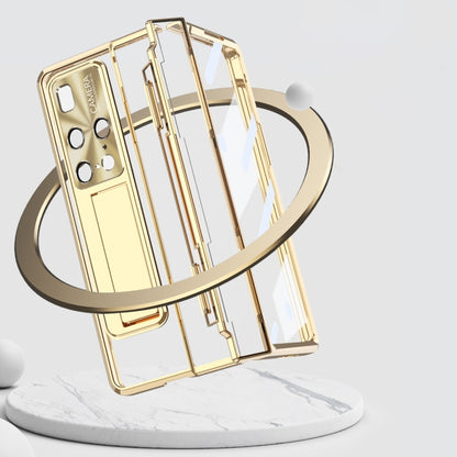 Gold folding phone case with stylus slot and camera cutouts, lying on display stand