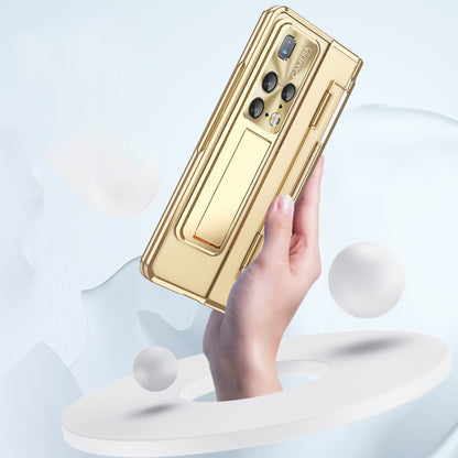 Gold folding phone case with stylus slot and camera cutouts, held in hand