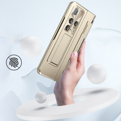 Champagne gold folding phone case held in hand with camera access