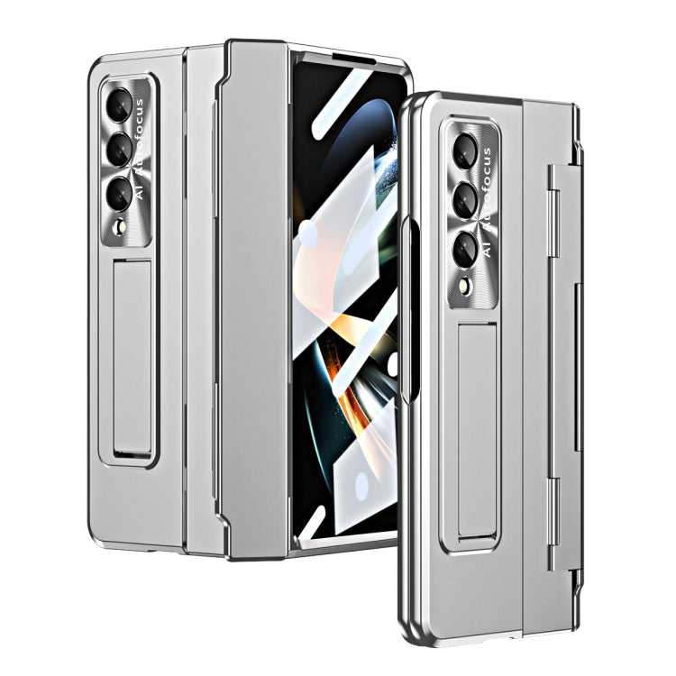 Silver foldable phone case with hinge and rear camera cutouts