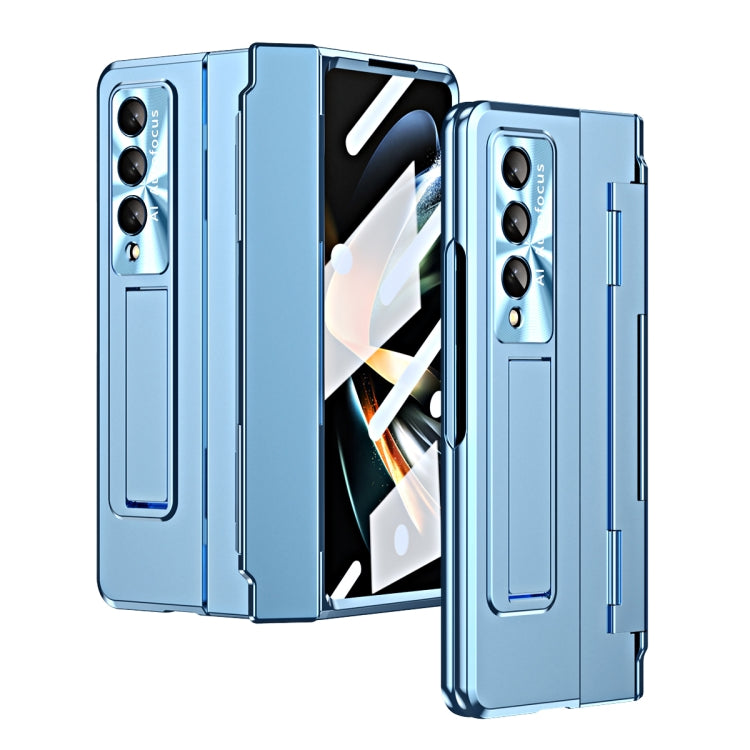 Blue foldable phone case with hinge and rear camera cutouts