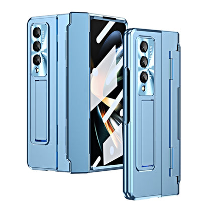 Blue foldable phone case with hinge and rear camera cutouts