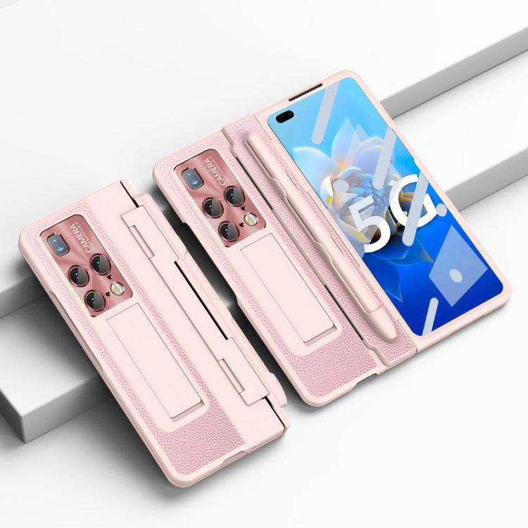 Pink full-coverage hinge wallet phone case with stylus slot and card holder, folded open