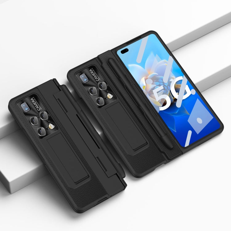 Black full-coverage hinge wallet phone case with stylus slot and card holder, folded open