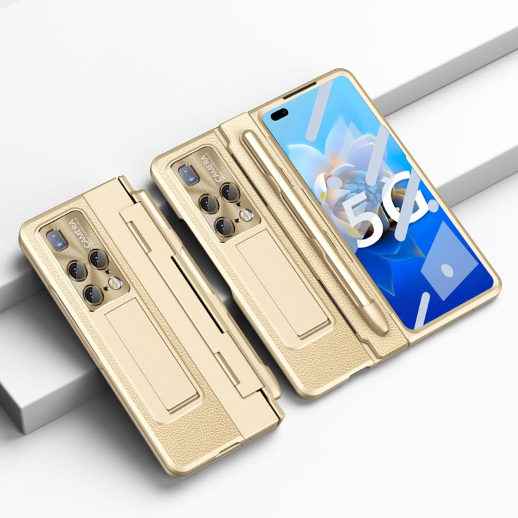 Gold full-coverage hinge wallet phone case with stylus slot and card holder, folded open