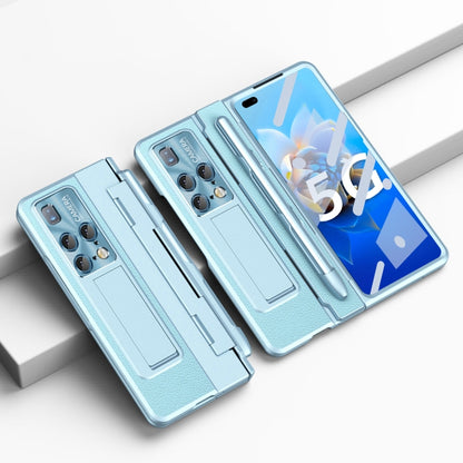 Blue full-coverage hinge wallet phone case with stylus slot and card holder, folded open