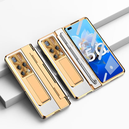 Gold full-coverage hinge wallet phone case with stylus slot and card holder, light accents