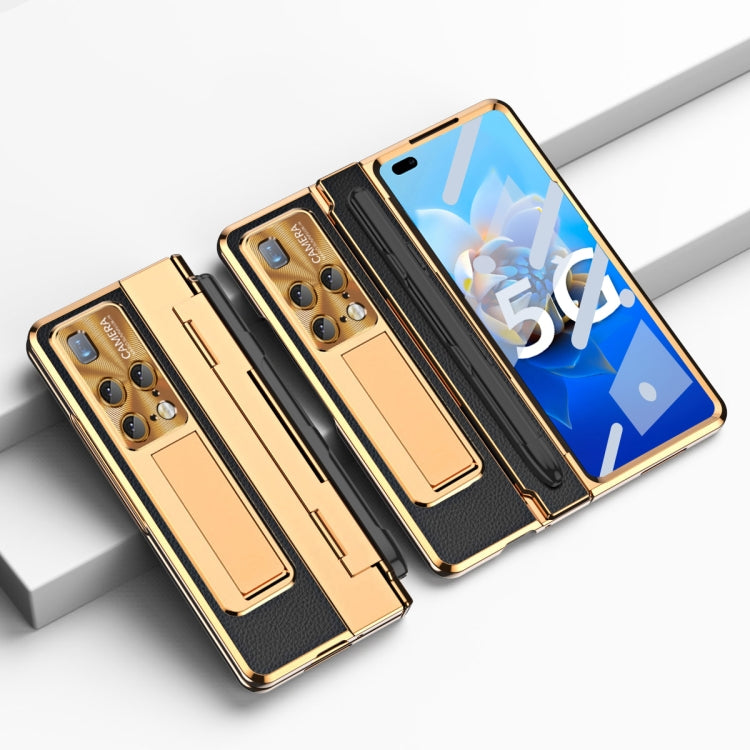 Gold and black full-coverage hinge wallet phone case with stylus slot and card holder