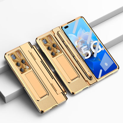 Gold and tan full-coverage hinge wallet phone case with stylus slot and card holder