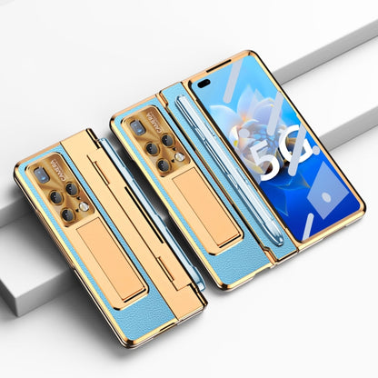 Gold and blue full-coverage hinge wallet phone case with stylus slot and card holder
