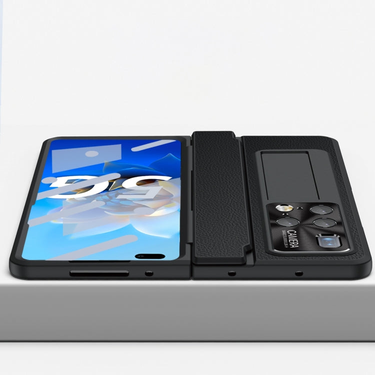 Black foldable hinge phone case with stylus slot and camera cover flap