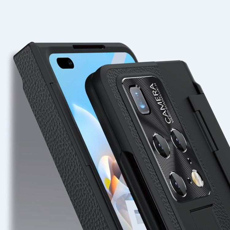 Black textured hinge phone case with integrated stylus slot and camera cutouts