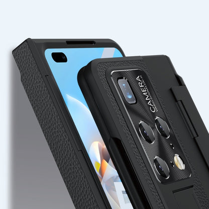 Black textured hinge phone case with integrated stylus slot and camera cutouts