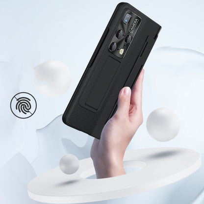 Black full-coverage hinge phone case with stylus holder, shown in hand