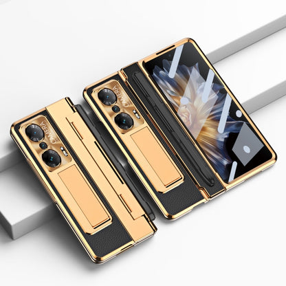 Gold and black full-coverage hinge wallet phone case with stylus slot and card holder