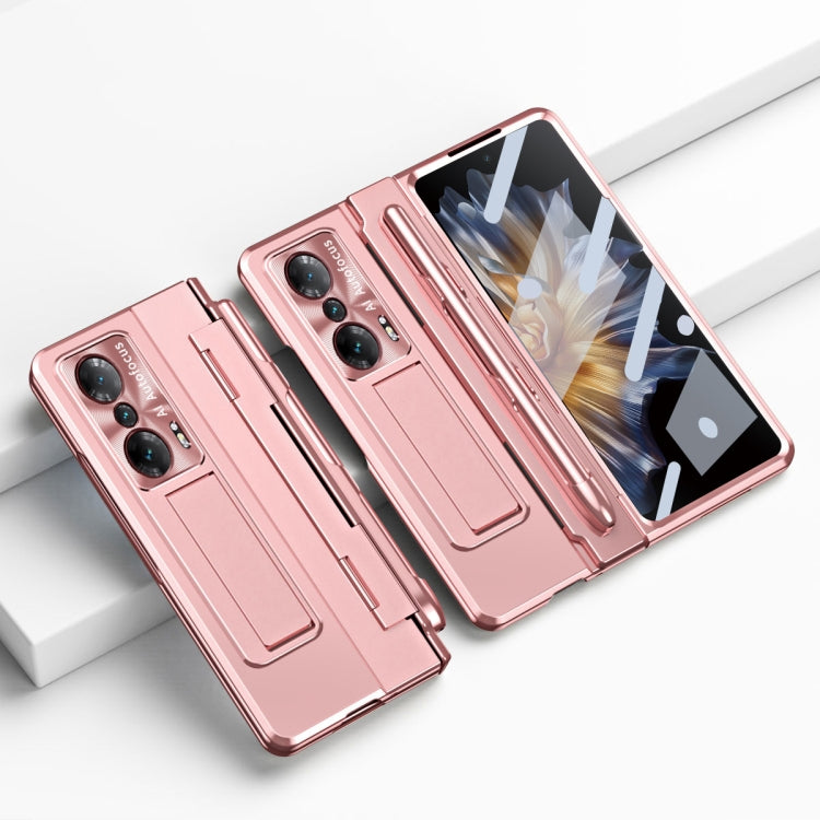 Rose gold folding phone case with built-in hinge; camera cutouts and stylus slot