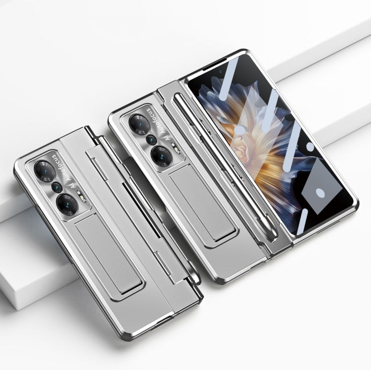 Silver folding phone case with built-in hinge; camera cutouts and stylus slot