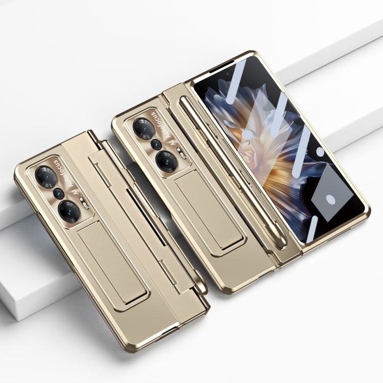 Champagne gold folding phone case with built-in hinge; camera cutouts and stylus slot