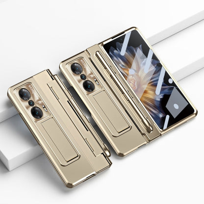 Champagne gold folding phone case with built-in hinge; camera cutouts and stylus slot