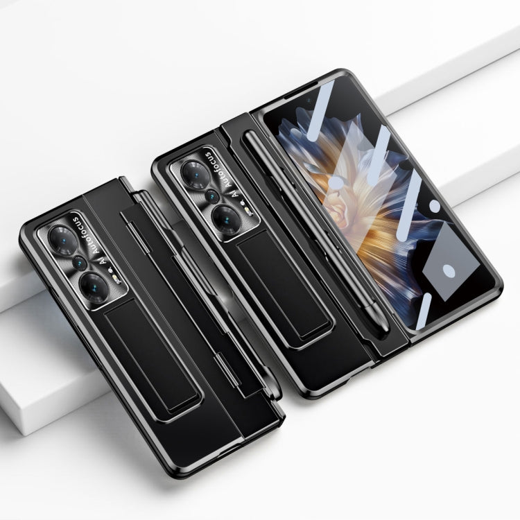 Black folding phone case with built-in hinge; camera cutouts and stylus slot