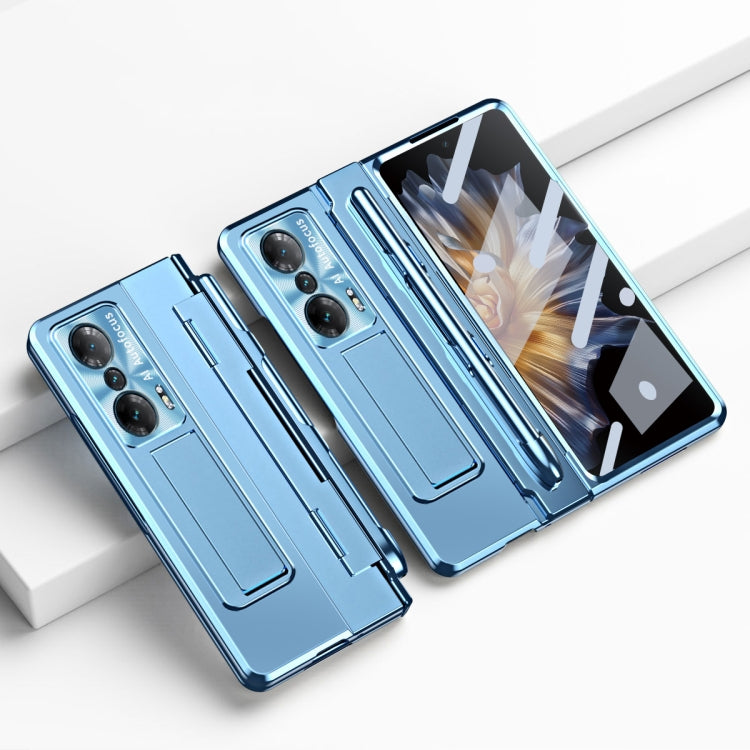 Blue folding phone case with built-in hinge; camera cutouts and stylus slot