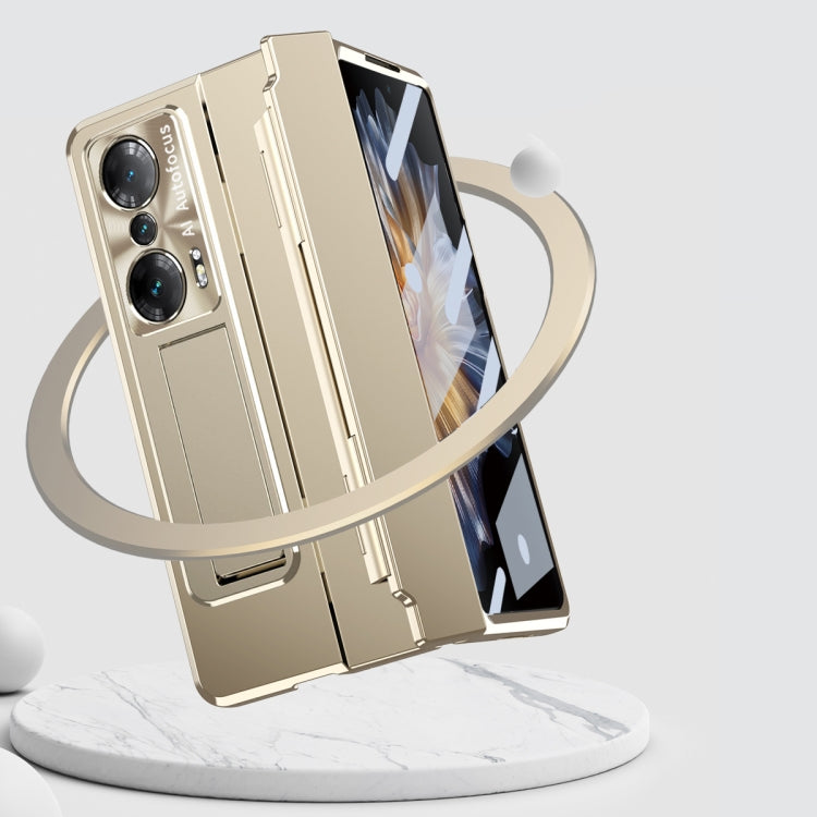 Champagne gold folding phone case on display stand; hinge and camera cutouts
