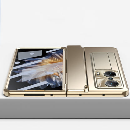 Gold folding phone case with hinge; open stand and camera cutouts