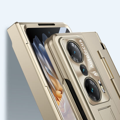 Champagne gold phone case close-up with hinge; camera cutouts and stylus slot