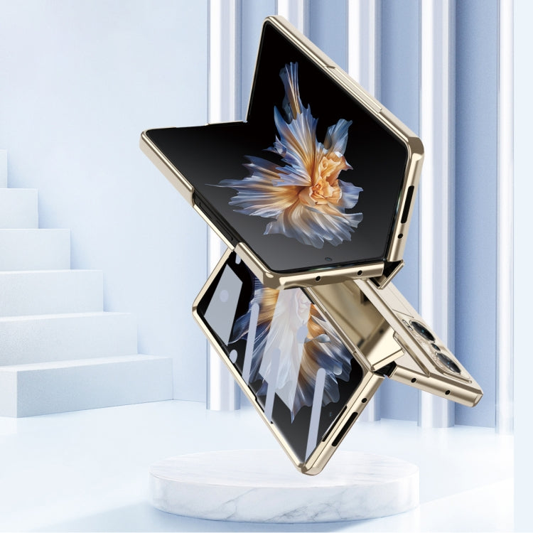 Gold folding phone case with hinge; angled stand and front screen protection