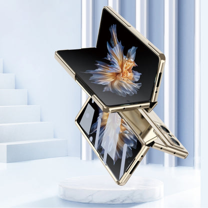 Gold folding phone case with hinge; angled stand and front screen protection