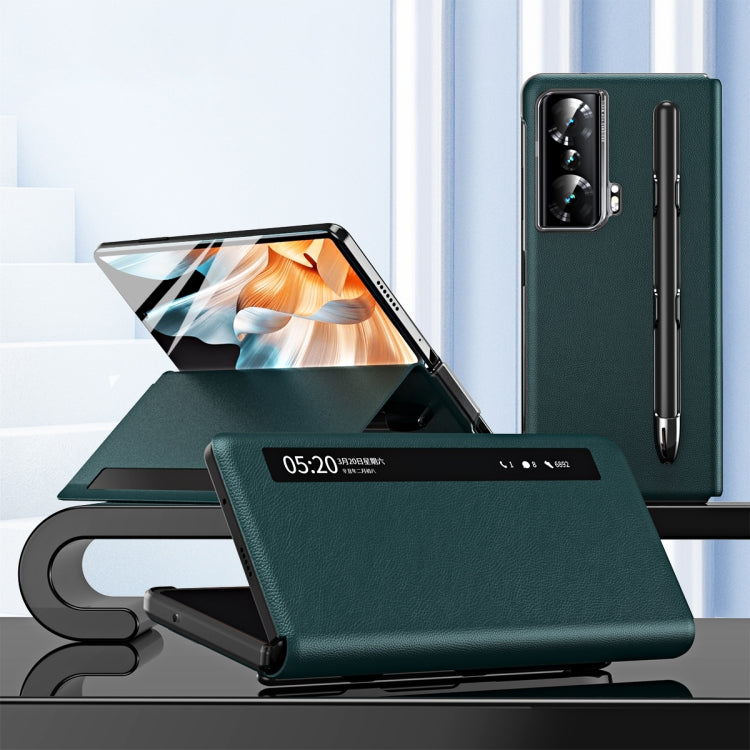 Green leather phone case with side window view and pen slot for Honor Magic Vs